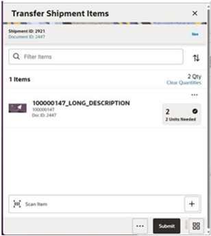 This image shows the Transfer Shipment Items screen.
