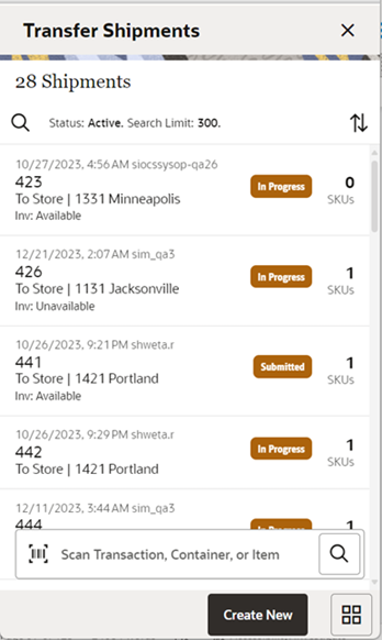 This image shows the Transfer Shipments screen.