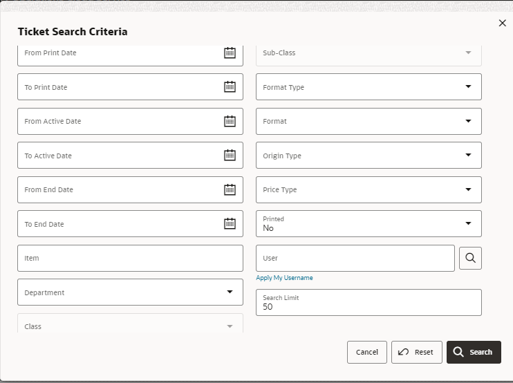 Ticket Search Criteria