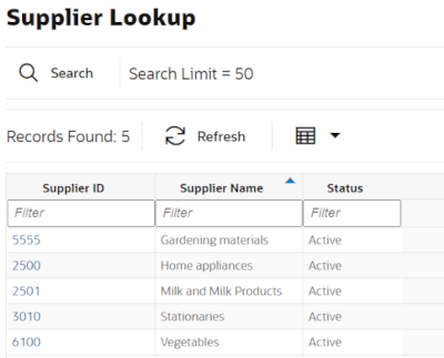 Supplier Lookup Screen Supplier Lookup Screen