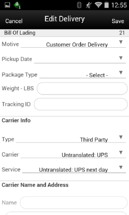 Edit Delivery Screen Edit Delivery Screen