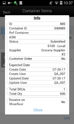 DSD Receiving Container Info Screen DSD Receiving Container Info Screen