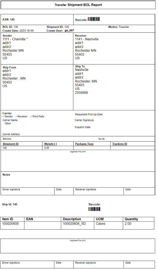 Transfer Shipment BOL Report (without Containers)