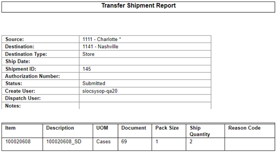 Transfer Shipment Report (without Container)