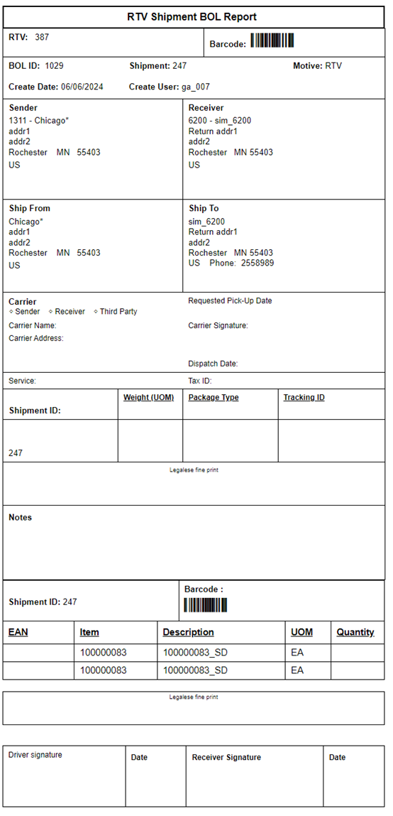 Vendor Shipment BOL Report (without Containers)