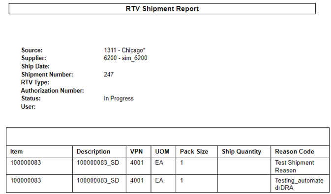 Vendor Shipment Report (without Containers)