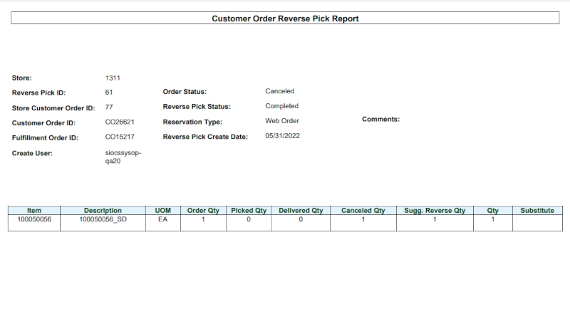 Customer Order Reverse Pick Report