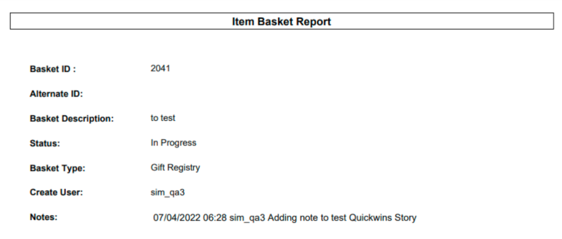 Item Basket Report