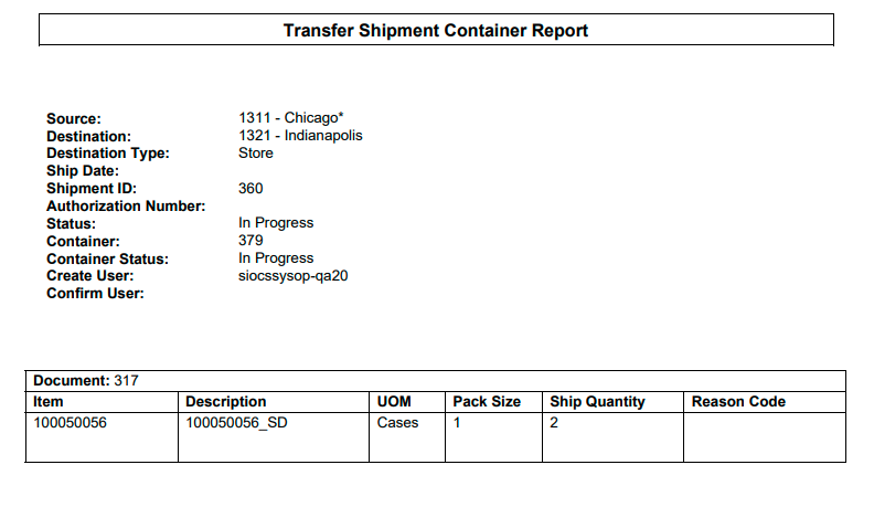 Transfer Shipment Carton Report