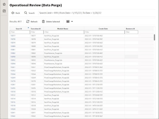 Operational Review Data Purge Screen