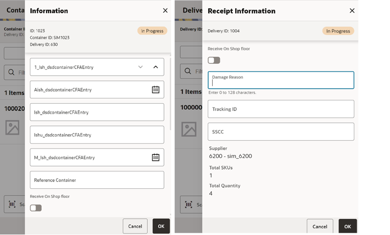 This image shows the Container Information screen.