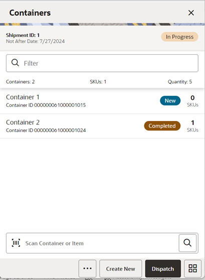 This image shows the Containers screen.