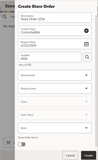 This image shows the create store order screen.