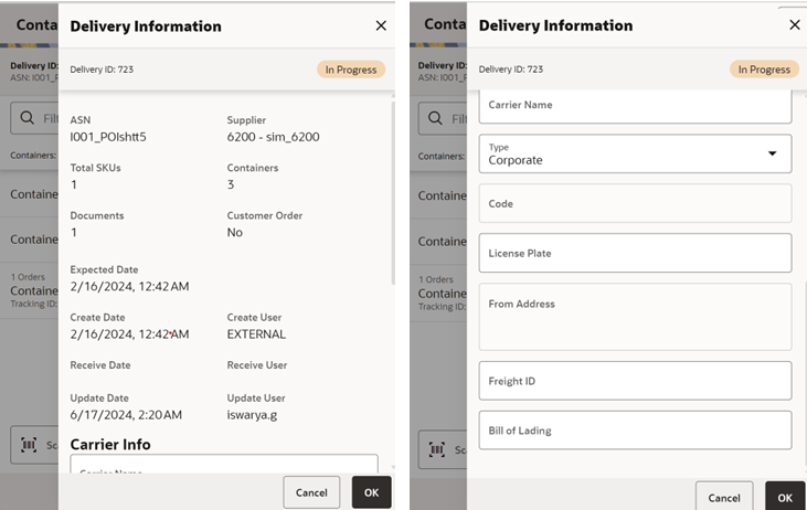 This image shows the Delivery Info screen.