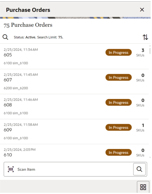 This image shows the Purchase Orders screen.