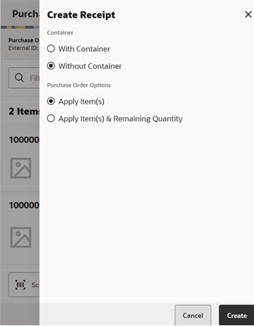 This image shows the Purchase Order Items Create Receipt screen.