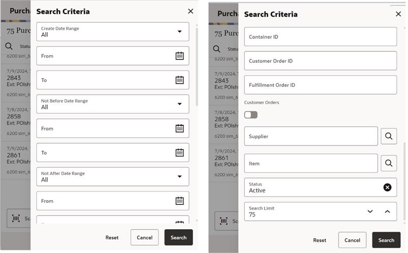 This image shows the Purchase Orders Search Criteria screen.