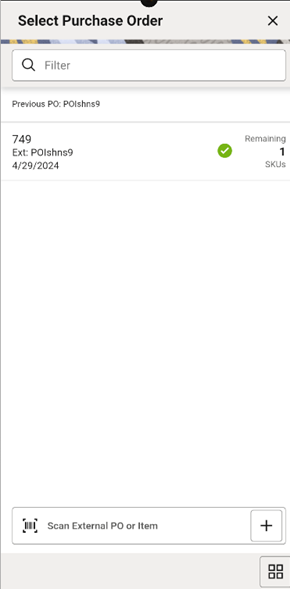 This image shows the Select Purchase Order screen.