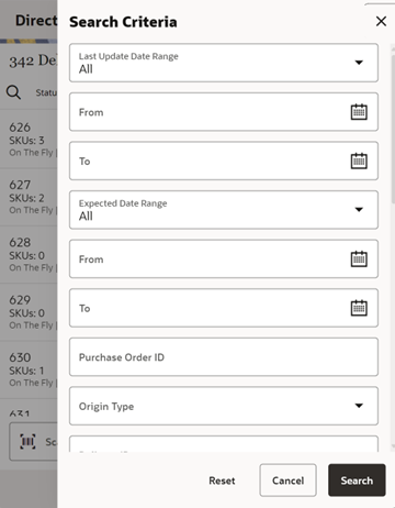 This image shows the Direct Deliveries Search Criteria screen.