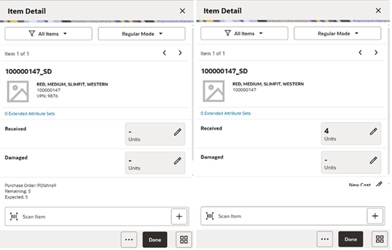 This image shows the Receiving Item Detail screen.