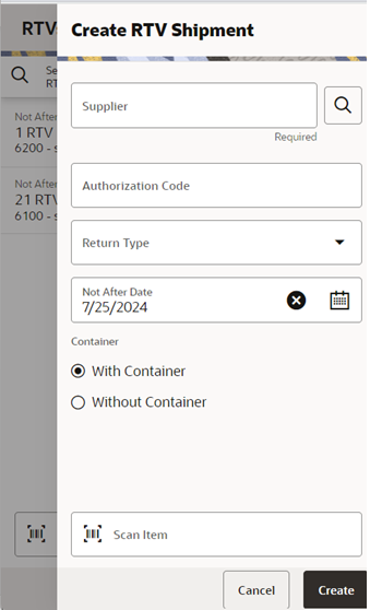 This image shows the Create RTV Shipment screen.