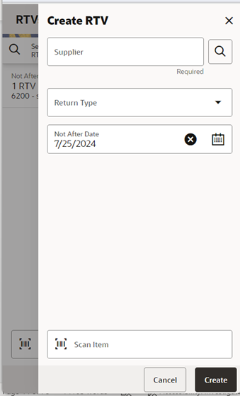 This image shows the Create RTV screen.