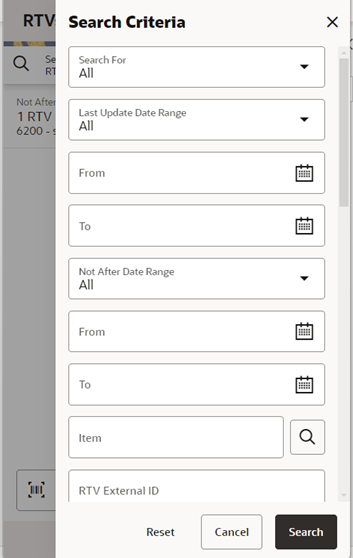 This image shows the RTV Search Criteria screen.