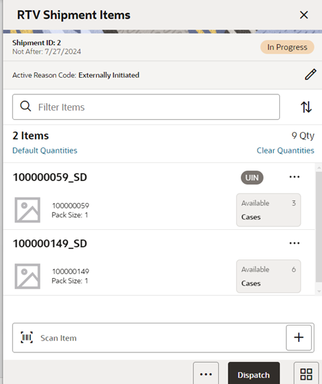 This image shows the RTV Shipment Items Screen (without Container) screen.