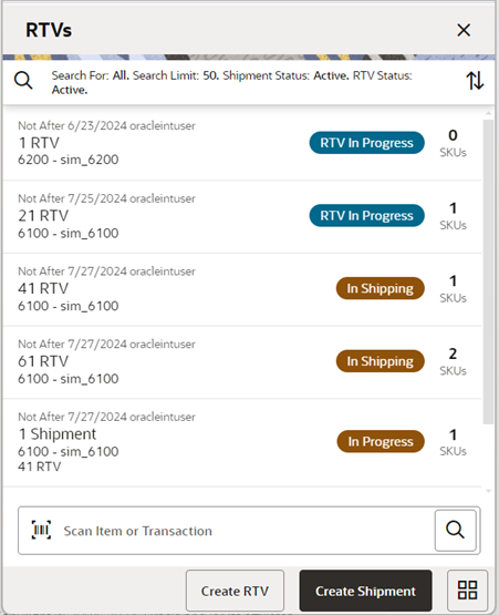 This image shows the RTVs screen.