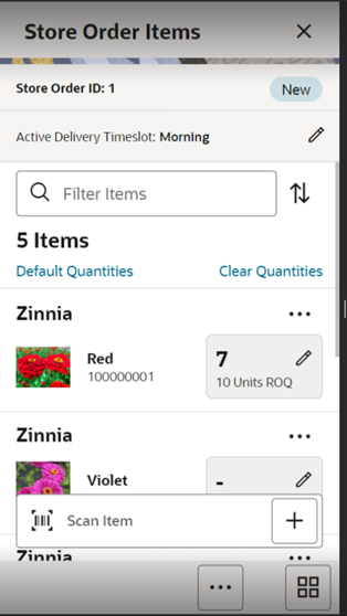 This image shows the store order items screen.