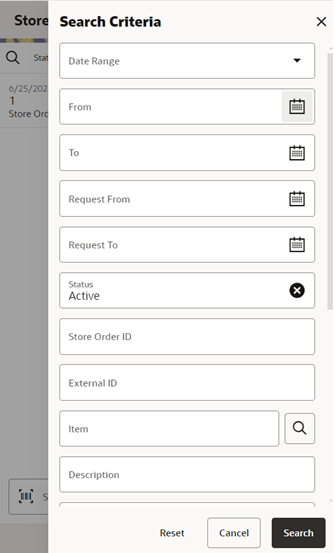 This image shows the store orders search criteria screen.