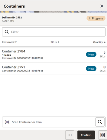 This image shows the Containers screen.