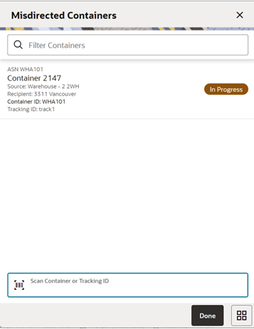 This image shows the Misdirected Container screen.