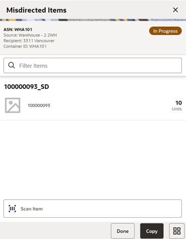 This image shows the Misdirected Items screen.