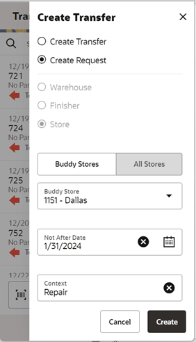 Create Transfer(Request) Drawer