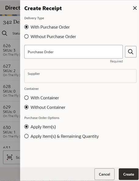 Create Receipt Screen (with Purchase order window.