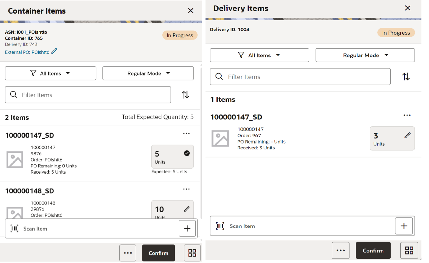 Container/Delivery Items Screen