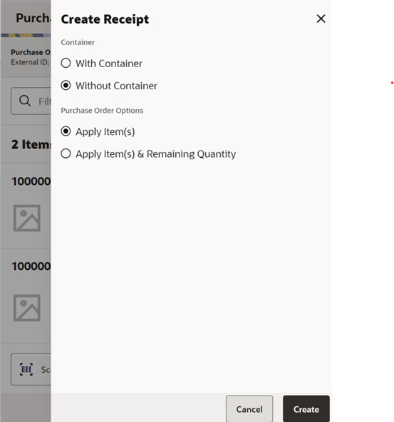 Create Receipt — Purchase Order Items Screen