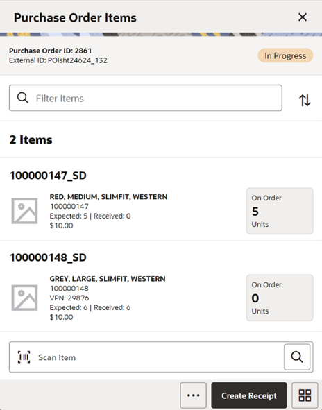 Purchase Order Items Screen