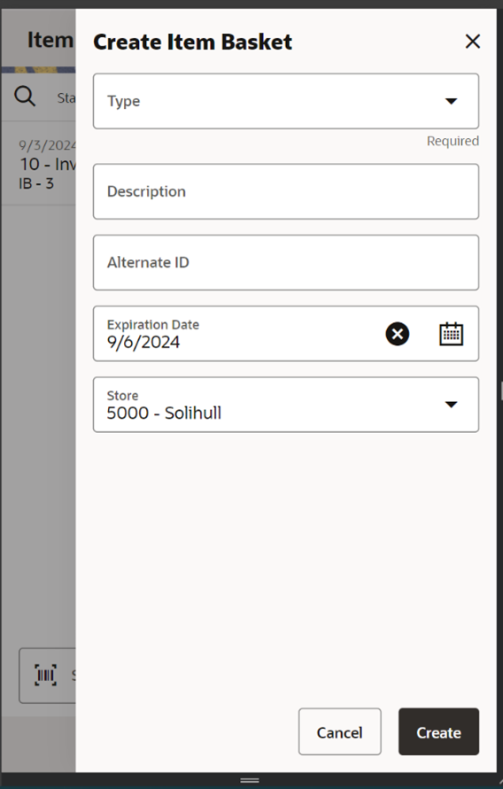 Create Item Basket Screen