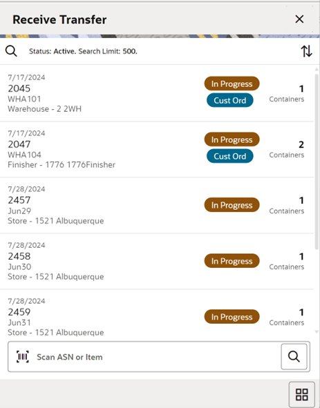 Receive Transfer Screen
