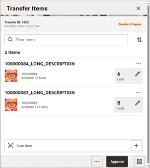 Transfer Items Screen