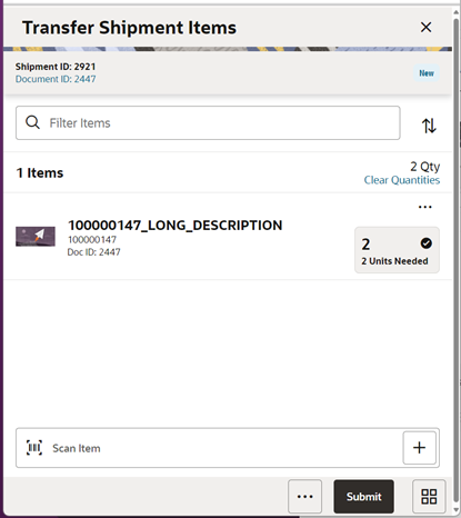 Transfer Shipment Items Screen