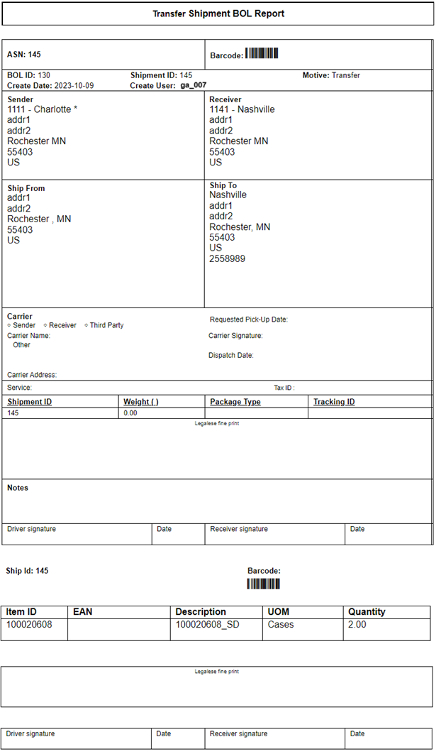 Transfer Shipment BOL Report (without Containers) Transfer Shipment BOL Report (without Containers)