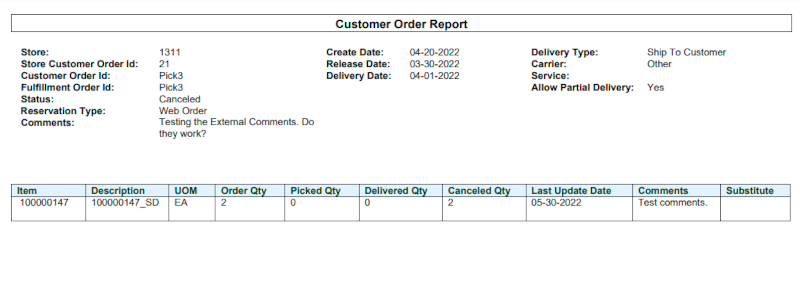 Customer Order Report Customer Order Report