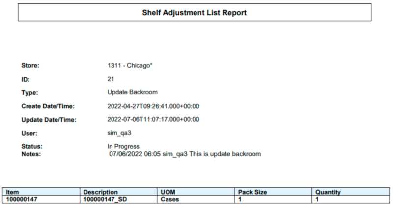 Shelf Adjustment Report Shelf Adjustment Report
