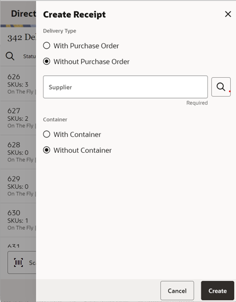Create Receipt Screen (Without Purchase Order)