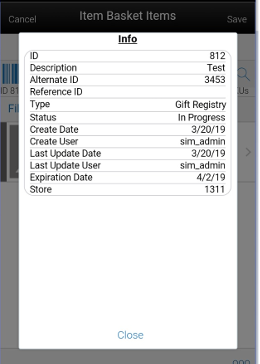 Item Basket Items Info Screen Item Basket Items Info Screen