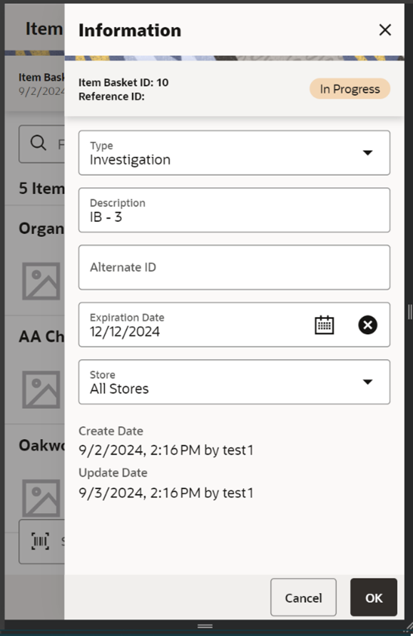 Item Basket Information Screen Item Basket Information Screen