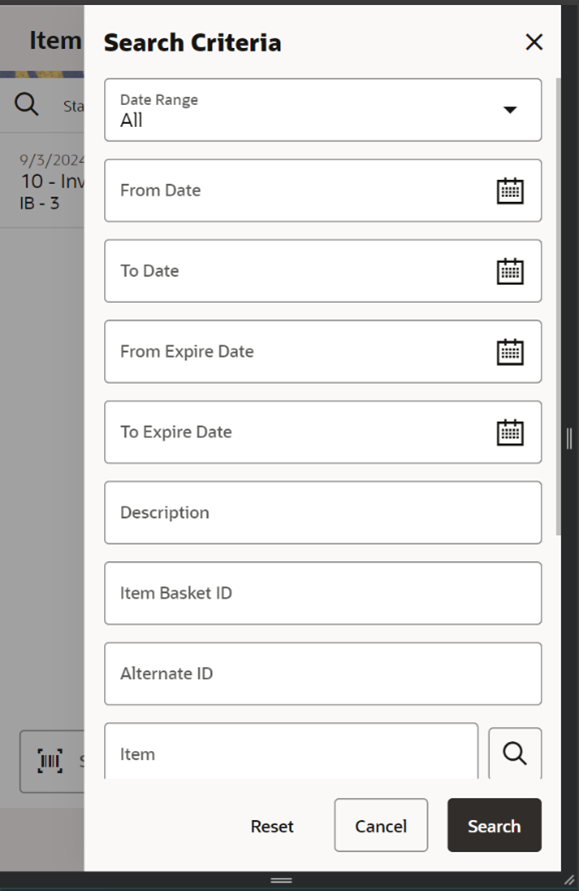 Search Criteria Screen (Item Basket) Search Criteria Screen (Item Basket)